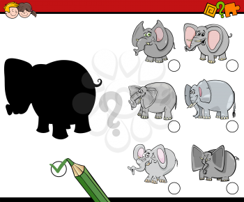 Cartoon Illustration of Educational Shadow Activity Task for Preschool Kids with Elephant Animal Characters