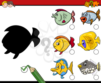 Cartoon Illustration of Educational Shadow Activity Task for Preschool Kids with Fish Characters