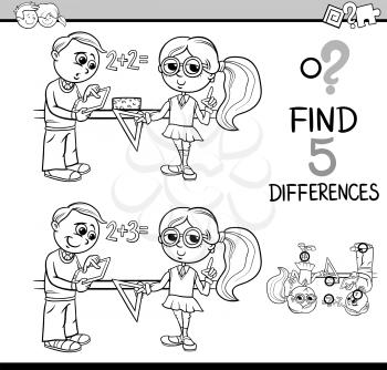 Black and White Cartoon Illustration of Finding Differences Educational Activity Task with School Kids for Coloring Book