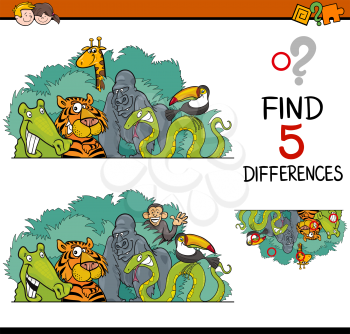 Cartoon Illustration of Finding Differences Educational Activity Task for Preschool Children with Wild Animal Characters