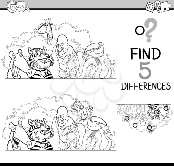 Black and White Cartoon Illustration of Finding Differences Educational Activity Task for Preschool Children with Wild Animal Characters for Coloring Book