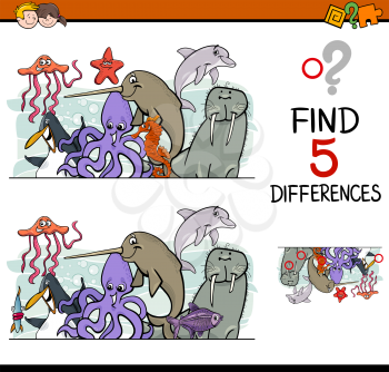 Cartoon Illustration of Finding Differences Educational Activity Task for Preschool Children with Sea Life Animal Characters
