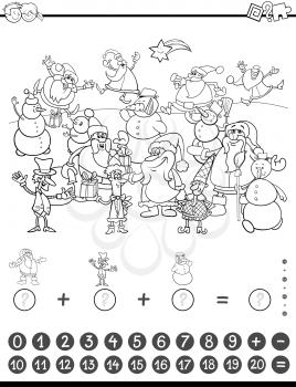 Black and White Cartoon Illustration of Educational Mathematical Counting and Addition Activity Task for Children with Christmas Characters for Coloring Book