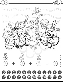 Black and White Cartoon Illustration of Educational Mathematical Counting and Addition Activity Task for Children with Easter Characters for Coloring Book