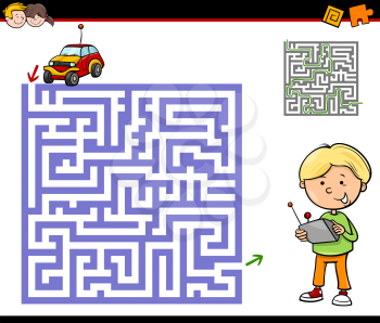 Cartoon Illustration of Education Maze or Labyrinth Activity Task for Preschool Children with Boy and Remote Car