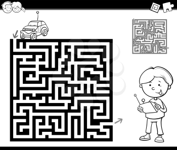 Black and White Cartoon Illustration of Education Maze or Labyrinth Activity Task for Preschool Children with Boy and Remote Car for Coloring