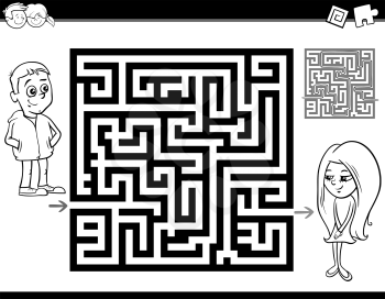 Black and White Cartoon Illustration of Education Maze or Labyrinth Activity Task for Preschool Children with School Bus and Kids for Coloring