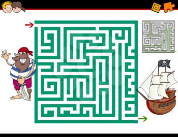 Cartoon Illustration of Education Maze or Labyrinth Activity Task for Children with Pirate and Ship