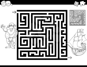 Black and White Cartoon Illustration of Education Maze or Labyrinth Activity Task for Children with Pirate and Ship for Coloring