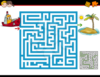Cartoon Illustration of Education Maze or Labyrinth Activity Task for Children with Ship and Island