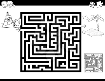 Black and White Cartoon Illustration of Education Maze or Labyrinth Activity Task for Children with Ship and Island for Coloring