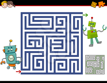 Cartoon Illustration of Education Maze or Labyrinth Activity Task for Children with Funny Robots