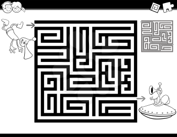 Black and White Cartoon Illustration of Education Maze or Labyrinth Activity Task for Children with Funny Alien Characters for Coloring