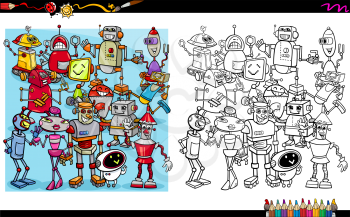 Cartoon Illustration of Robot Characters Coloring Book Activity