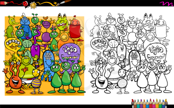 Cartoon Illustration of Alien Characters Coloring Book Activity