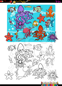 Cartoon Illustration of Sea Life Characters Coloring Book Activity