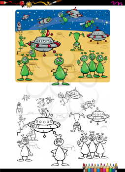Cartoon Illustration of Funny Alien Characters Coloring Book Activity