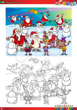 Coloring Book Cartoon Illustration of Santa Claus and Christmas Characters Group