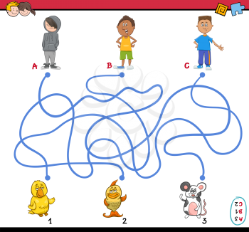 Cartoon Illustration of Educational Paths or Maze Puzzle Activity with Children Boys and Pets