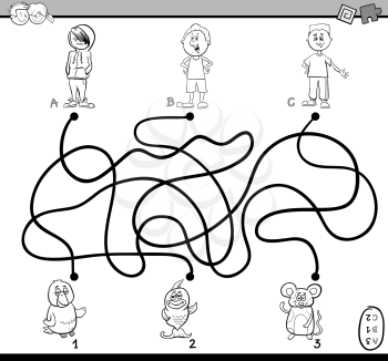 Black and White Cartoon Illustration of Educational Paths or Maze Puzzle Activity with Children Boys and Pets Coloring Book