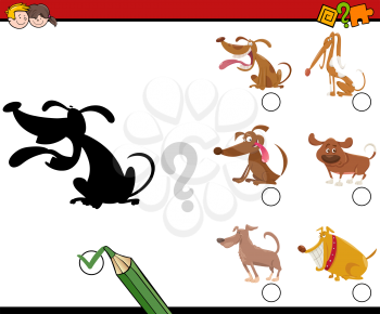 Cartoon Illustration of Educational Shadow Activity Task for Children with Dog Animal Characters