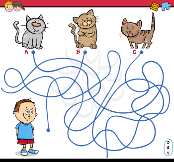 Cartoon Illustration of Educational Paths or Maze Puzzle Activity with Child Boy and Kittens