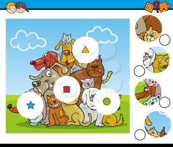 Cartoon Illustration of Educational Match the Elements Activity Task for Children with Dog Characters