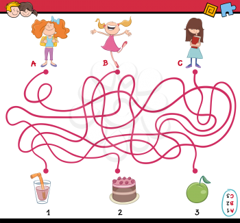 Cartoon Illustration of Educational Paths or Maze Puzzle Activity with Children and Food Objects