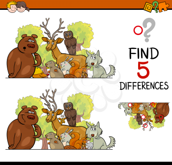 Cartoon Illustration of Finding Differences Educational Activity Task for Children with Wild Animal Characters
