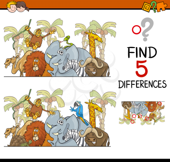 Cartoon Illustration of Finding Differences Educational Activity Task for Children with Safari Animal Characters
