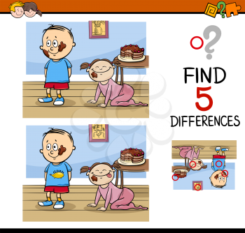 Cartoon Illustration of Finding Differences Educational Activity Task for Kids with Child Characters