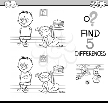 Black and White Cartoon Illustration of Finding Differences Educational Activity Task for Kids with Child Characters for Coloring Book