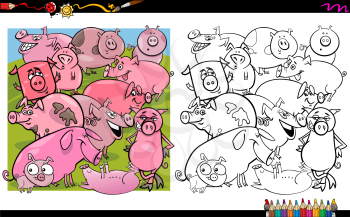 Cartoon Illustration of Pig Farm Animal Characters Coloring Book Activity