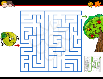 Cartoon Illustration of Education Maze or Labyrinth Activity Game for Children with Apple and the Tree