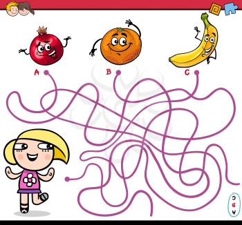Cartoon Illustration of Educational Paths or Maze Puzzle Activity with Little Girl and Fruits