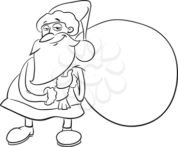 Black and White Cartoon Illustration of Santa Claus with Sack of Presents on Christmas for Coloring Book