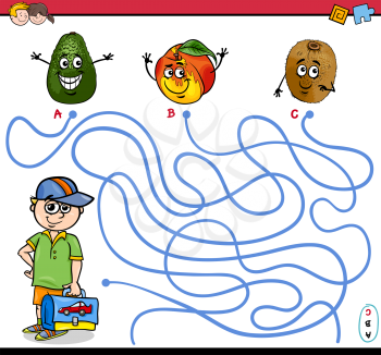 Cartoon Illustration of Educational Paths or Maze Puzzle Activity with School Boy and Fruits