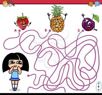 Cartoon Illustration of Educational Paths or Maze Puzzle Activity with Girl and Fruits