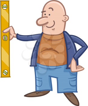 Cartoon Illustration of Worker with Spirit Level or Measuring