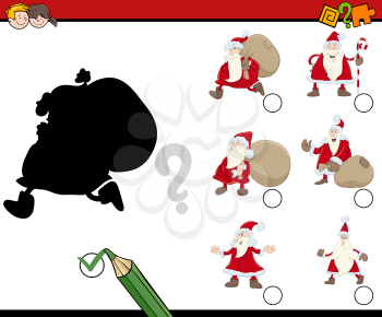 Cartoon Illustration of Educational Shadow Activity Game for Children with Santa Claus Characters