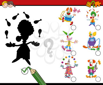 Cartoon Illustration of Educational Shadow Activity Task for Children with Clowns Characters