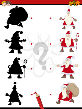 Cartoon Illustration of Educational Shadow Task for Children with Santa Claus Characters