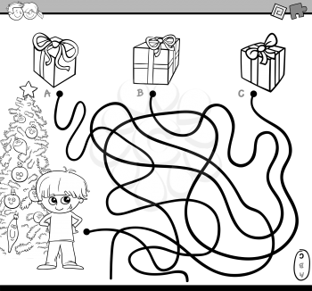 Black and White Cartoon Illustration of Educational Paths or Maze Puzzle Activity with Kid Boy and Christmas Presents Coloring Book