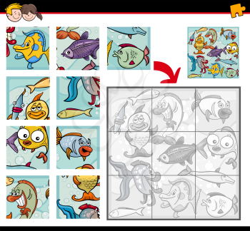 Cartoon Illustration of Education Jigsaw Puzzle Activity Game for Children with Fish and Sea Life  Animal Characters