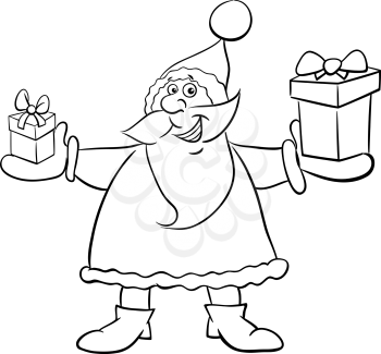 Black and White Cartoon Illustration of Santa Claus with Present on Christmas Time Coloring Book