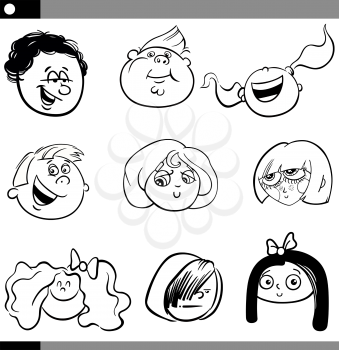 Black and White Cartoon Illustration of Children Faces Set