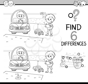 Black and White Cartoon Illustration of Finding Differences Educational Activity Game for Kids with Boy Characters for Coloring Book