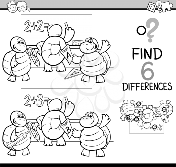 Black and White Cartoon Illustration of Finding Differences Educational Activity Game for Children with Turtle Student Characters Coloring Book