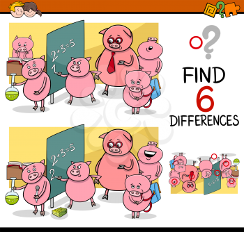 Cartoon Illustration of Finding Differences Educational Activity Game for Children with Piglet Student Characters