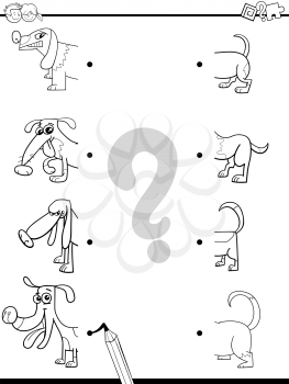 Black and White Cartoon Illustration of Preschool Education Activity of Matching Halves Game with Dog Characters for Coloring